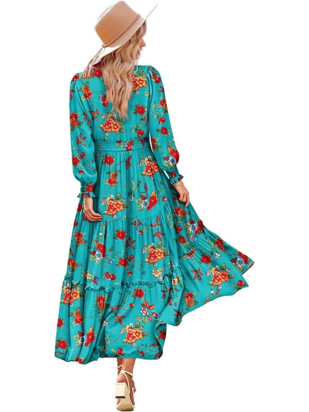 Women's Red Blue Long Sleeve Round Neck Smocked Waist Side Pockets Maxi Dress